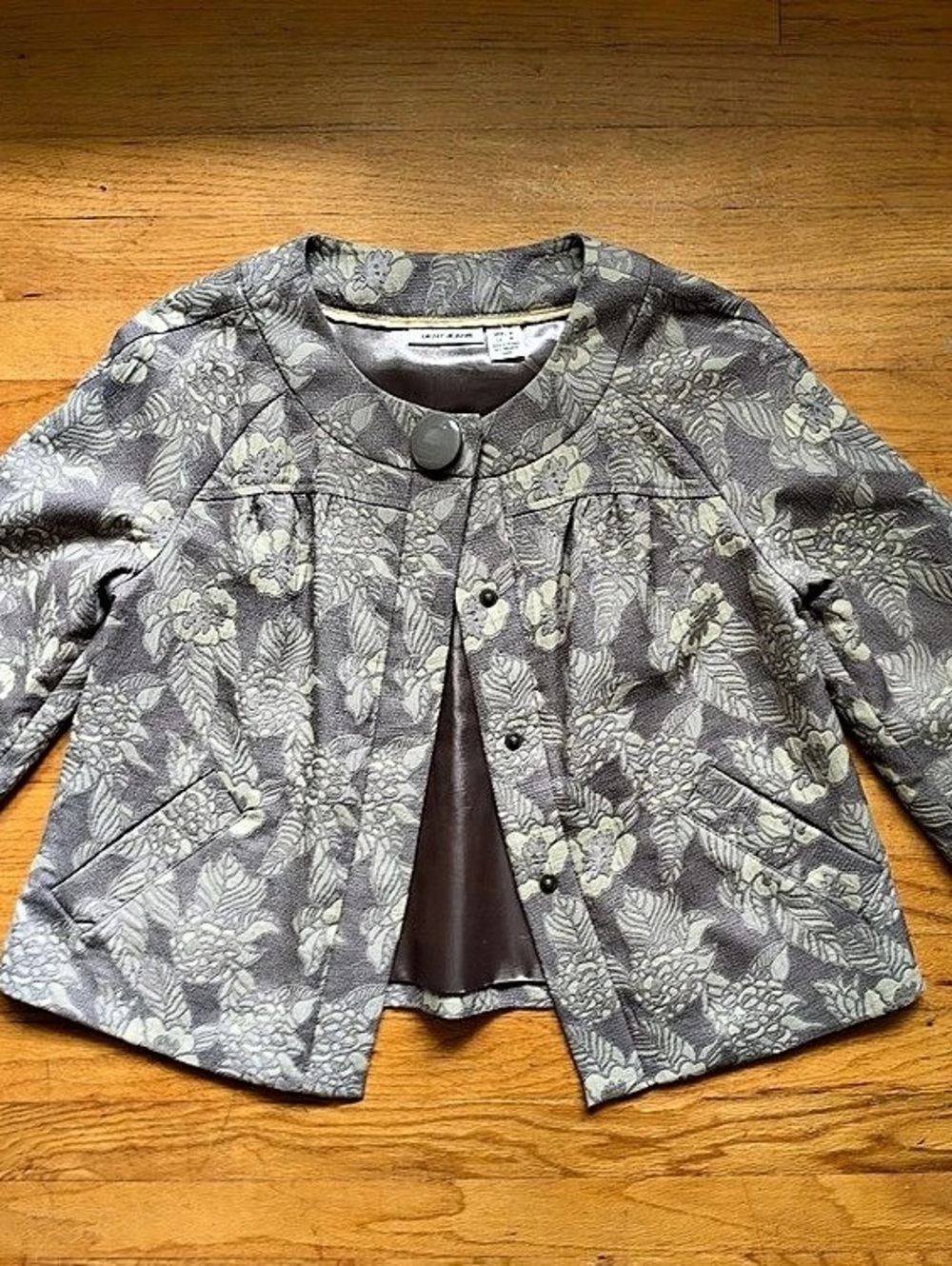 DKNY Floral Jacket in Gray & Lilac, Metallic Finish